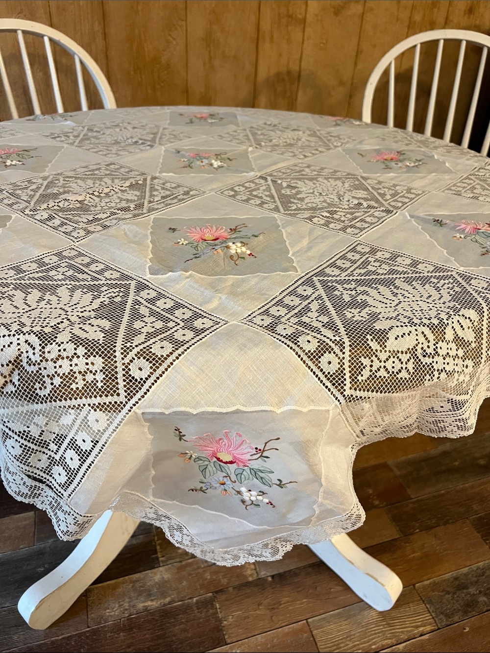 Vintage  square Floral Embroidered Lace Tablecloth - White with Pink Accents